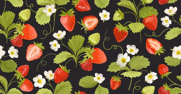 Morango Fundo com flores, bagas silvestres, folhas. Ilustração de textura sem costura vetorial para capa de verão — Vetor de Stock