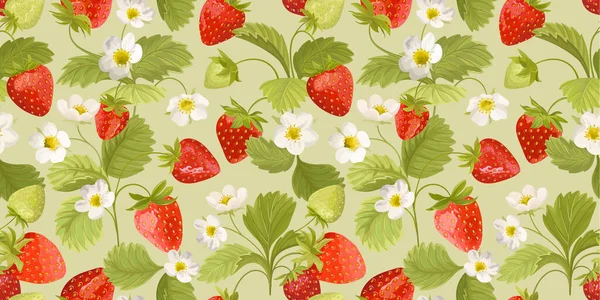 Aardbeien patroon met bloemen, wilde bessen, bladeren achtergrond. Vector naadloze textuur illustratie — Stockvector