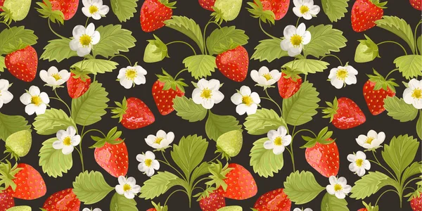 Aardbeien achtergrond met bloemen, wilde bessen, bladeren. Vector naadloze textuur illustratie voor zomer cover — Stockvector