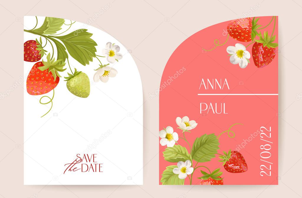 Modern Art Deco Wedding vector Invitation, botanical strawberry boho card. Berries, leaves, tropic flowers poster