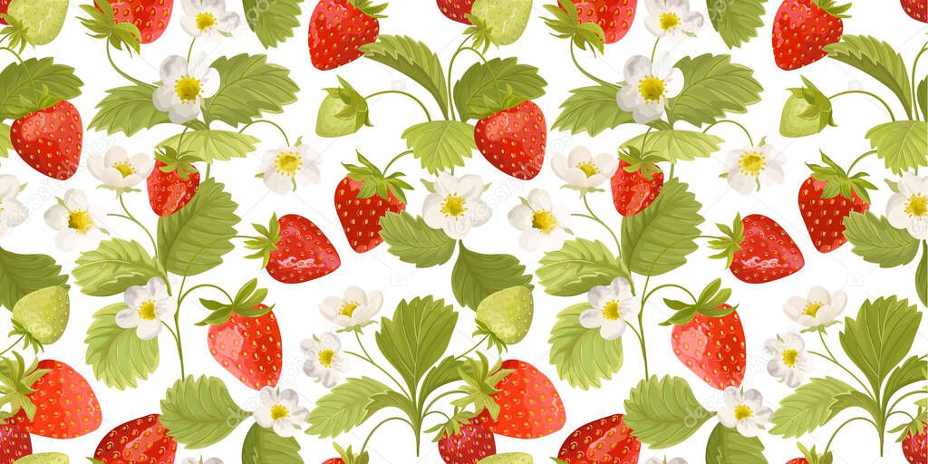 Watercolor Seamless Strawberry pattern with flowers, wild berries, leaves. Vector background texture
