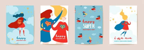 Mors dag gratulationskort med Super mamma. Superhjälte Moder karaktär i röd Cape Design Mall — Stock vektor
