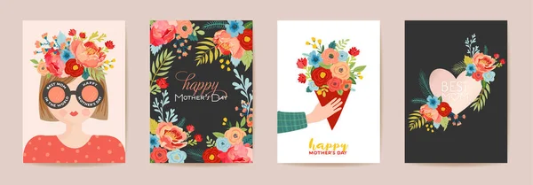 Anneler Günü Güzel karşılama kartı seti. Çiçeklerle Mutlu Anneler Günü Bayrağı — Stok Vektör
