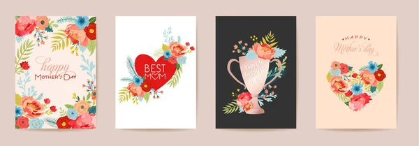 Moederdag Bloemen wenskaart Set. Lente Happy Mother Day Vakantie Ansichtkaarten met bloemen — Stockvector