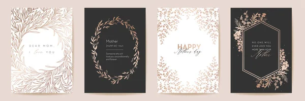 Mothers day gold line contour greeting set. Golden luxury floral template. Vector foliage design for Mother party — Archivo Imágenes Vectoriales