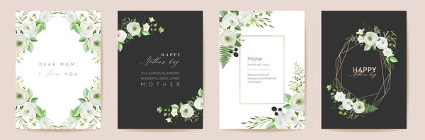 Dia das mães belos cartões florais. Conjunto de vetor de moldura de flores aquarela. Design de flores de primavera para festa da mãe —  Vetores de Stock