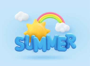 Yaz 3D afiş tasarımı. Gerçekçi canlandırma sahnesi tropik güneş, gökkuşağı, bulut. Tropik yaz zamanı nesneleri