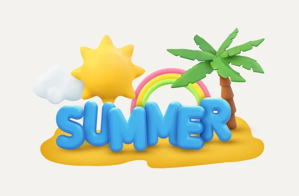 Sommer 3D Banner Design. Realistische Renderszene tropische Palme, Sonne, Regenbogen, Wolke. Tropischer Strand — Stockvektor