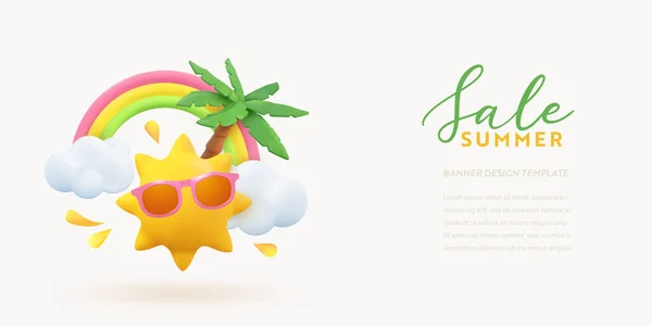 Дизайн 3D-баннера. Реалистичный рендеринг сцены пальма, солнце, радуга, облако. Промо-распродажа, праздничный веб-плакат, скидка, брошюра, ваучер. Схема летнего времени — стоковый вектор