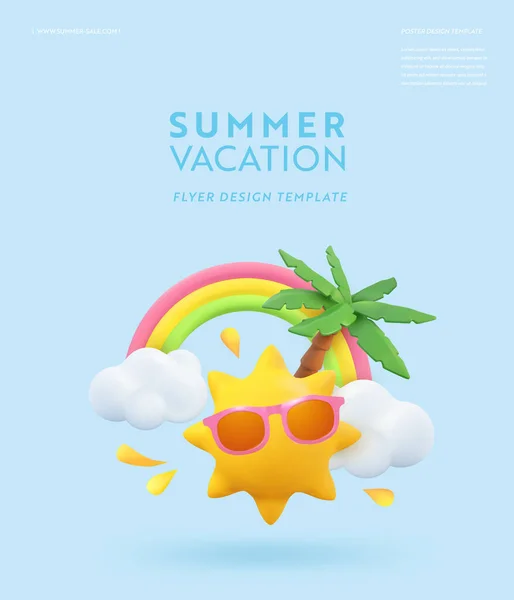 Refleic Summer 3D flyer design. Сцена с тропическими пальмами, солнцем, радугой, облаками. Пляжные объекты, плакат, баннер, брошюра, обложка. Летом современный фон — стоковый вектор