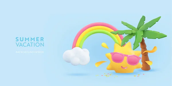 Gerçekçi Summer 3D el ilanı tasarımı. Sahne tropikal palmiye ağacı, güneş, gökkuşağı, bulut. Tropik plaj eşyaları, Holiday web posteri, afiş, sezonluk broşür, kapak. Yaz zamanı modern arkaplan — Stok Vektör