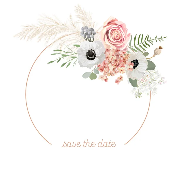 Boho marco floral vector de la boda. Acuarela pampas hierba, anémona, rosa flores borde plantilla — Vector de stock