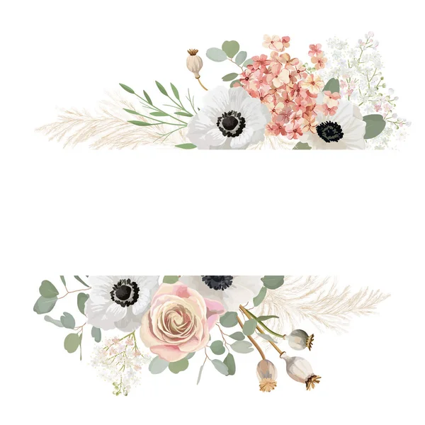 Cadre vectoriel de mariage floral aquarelle. Pampas herbe, anémone, rose fleurs modèle de frontière pour le mariage — Image vectorielle