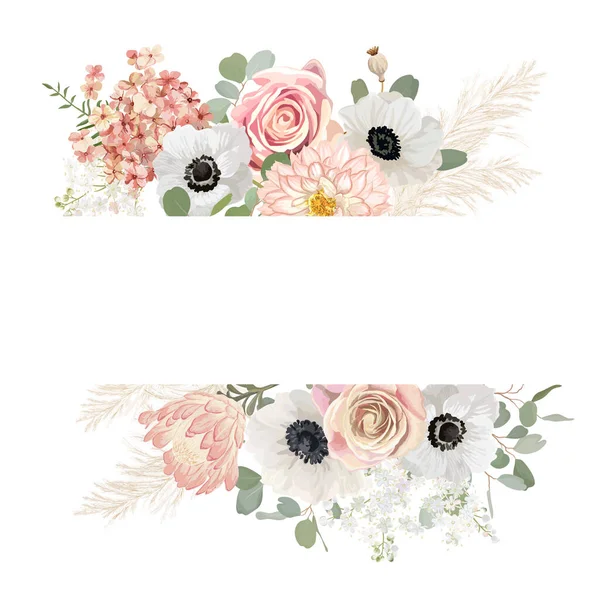 Aquarel bloemen bruiloft vector frame. Pampas gras, anemoon, roos bloemen border template — Stockvector