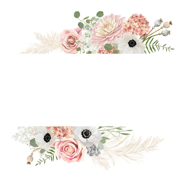 Cadre vectoriel de mariage floral aquarelle. Pampas herbe, anémone, rose fleurs bordure gabarit — Image vectorielle