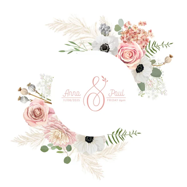 Couronne florale avec des fleurs pastel sec aquarelle, herbe de pampas. Anémone vintage d'été vectorielle, bannière fleur rose — Image vectorielle