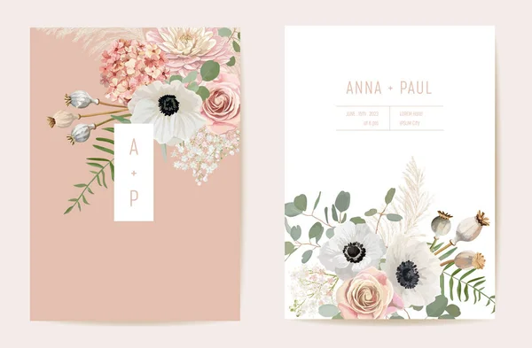 Acuarela anémona, hierba de pampas, rosa tarjeta de boda floral. Vector verano flores invitación — Vector de stock