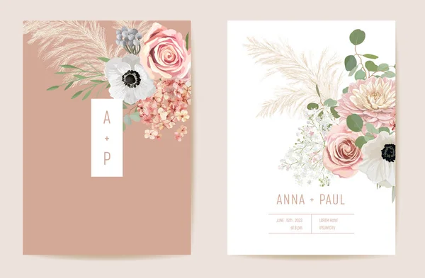 Matrimonio essiccato anemone, pampas erba, rose floreali Save the Date set. Vettore estate fiori secchi boho invito — Vettoriale Stock