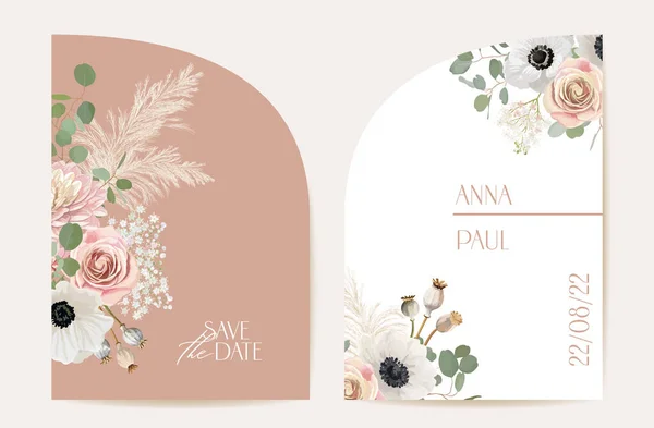 Modernes minimalistisches Blumen-Hochzeitsvektor-Einladungsset. Boho-Anemone, Pampasgras, rosa Kartenvorlage — Stockvektor