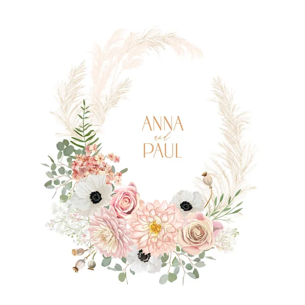 Boda anémona, rosa, pampas hierba floral corona. Vector flores secas de primavera boho tarjeta de invitación — Archivo Imágenes Vectoriales