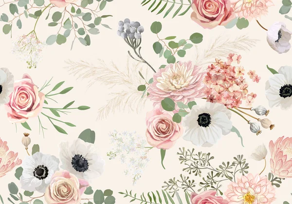 Aquarelle sans couture anémone, fleur de rose, feuilles d'eucalyptus, fond vectoriel herbe pampas — Image vectorielle