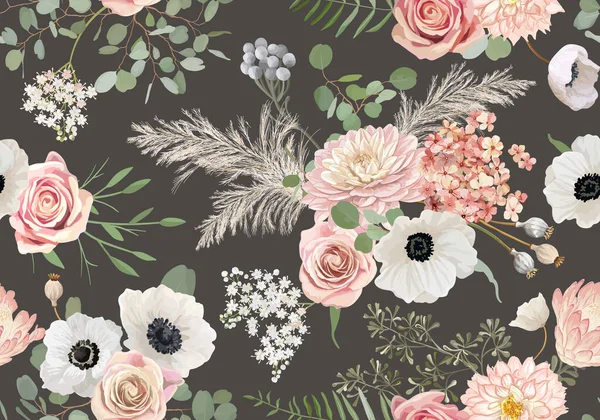 Motif de fleurs séchées rustiques. Anémone aquarelle, fleur de rose, feuilles d'eucalyptus, vecteur d'herbe pampa sans couture — Image vectorielle