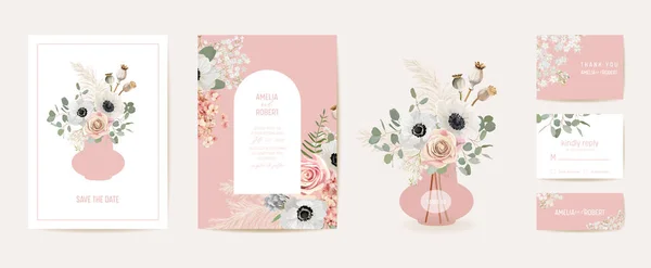 Aquarell-Anemone, Pampasgras, rosafarbene Hochzeitskarte. Vektorsommer Blumen Einladung — Stockvektor