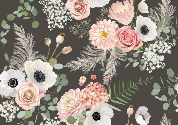 Motif de fleurs séchées rustiques. Anémone aquarelle, fleur de rose, feuilles d'eucalyptus, vecteur d'herbe pampa sans couture — Image vectorielle