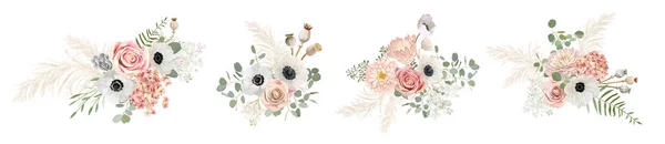 Akvarell pasztell virágcsokrok Designs. Vektorvirágok, szárított anemon, esküvői rózsák, pampafű — Stock Vector