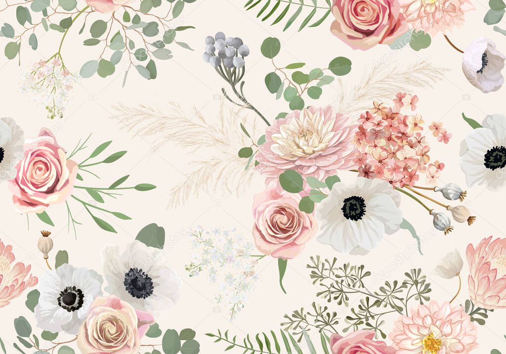 Watercolor seamless anemone, rose flower, eucalyptus leaves, pampas grass vector background