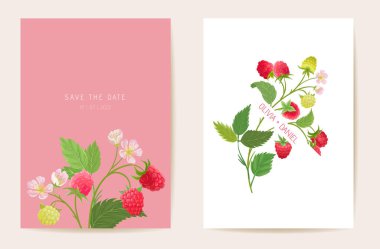 Düğün davetiyesi ahududu, egzotik meyveler, çiçekler, yapraklar. Çilekli suluboya şablon vektörü