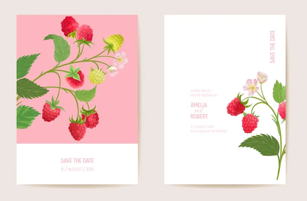 Svatební pozvánka malina, exotické ovoce, květiny, vizitka. Berry akvarel šablona vektor — Stockový vektor