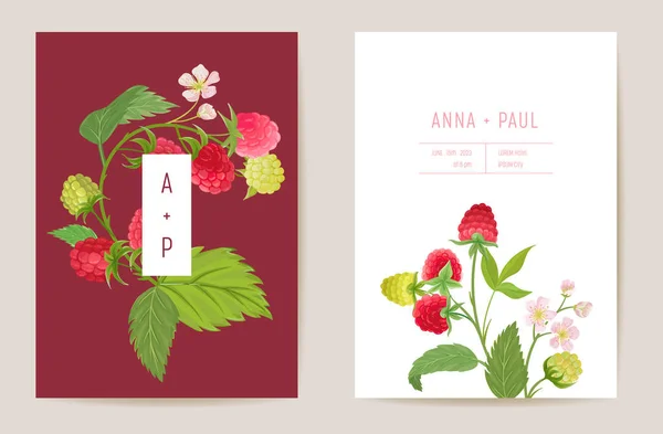 Aquarell Hochzeit Himbeere florale Einladung. Beerenfrüchte, Blüten, Blätter Karte. Botanisch Speichern Sie die Datumsvorlage — Stockvektor