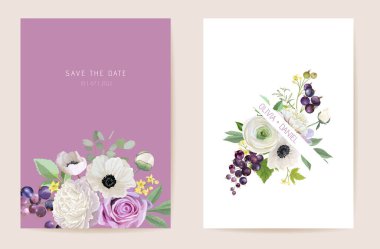 Suluboya düğün siyah frenk üzümü çiçekli davetiye. Böğürtlen, şakayık, gül çiçekleri, yapraklar