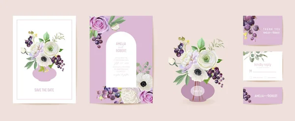 Wedding invitation black currant berries, anemone, peony, rose flowers, leaves card. Berry watercolor template — Stock Vector