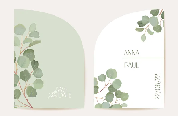Modern minimal Art Deco bröllop vektor Inbjudan set. Boho eucalyptus, gröna blad grenar kort mall — Stock vektor