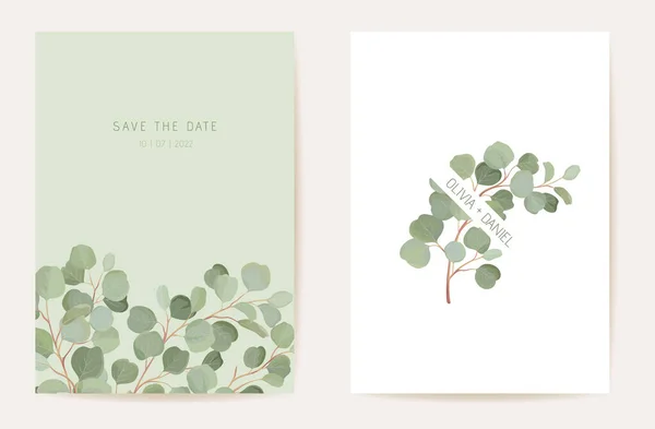 Акварель эвкалипт, зеленый лист веток цветочная свадебная открытка. Приглашение векторных тропических листьев — стоковый вектор