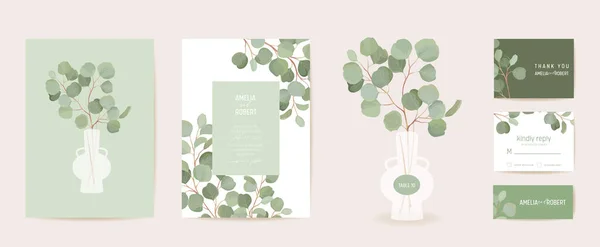 Botanical wedding invitation card template design, tropical leaves greenery frame set — Vector de stock