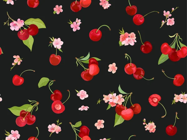 夏の果実、果物、葉、花の背景を持つシームレスな桜のパターン — ストックベクタ