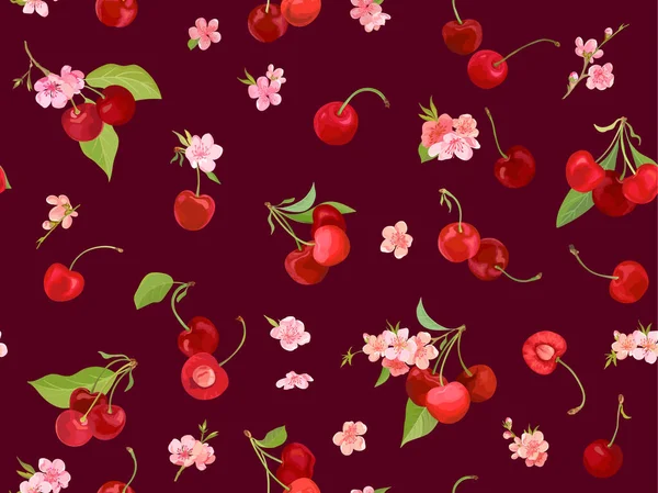 Acquerello ciliegia modello senza cuciture. Bacche estive, frutti, foglie, fiori sfondo — Vettoriale Stock
