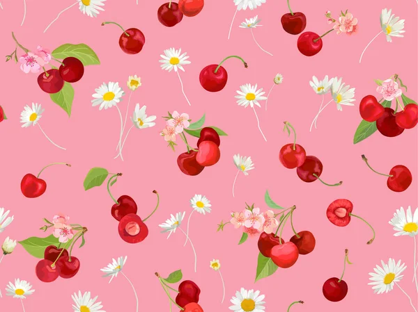 Naadloze kersen patroon met zomerbessen, fruit, bladeren, bloemen achtergrond — Stockvector