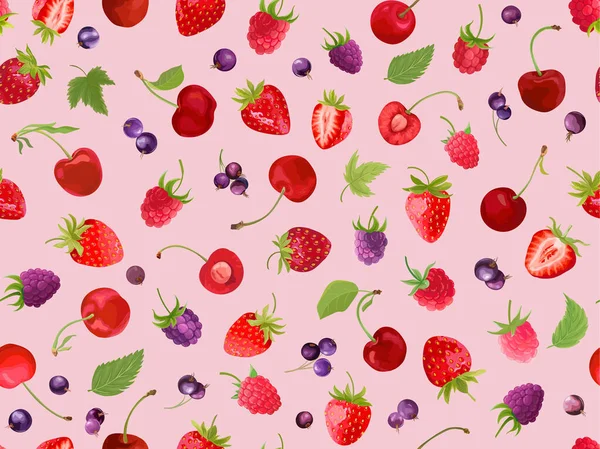 씨 없는 체리, 딸기, 라즈베리, 여름 베리, 과일, 잎, 꽃등 이 있는 검은색의 굽은 무늬 — 스톡 벡터
