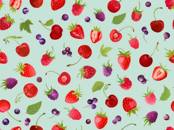 Aquarel kers, aardbei, frambozen, zwarte bessen naadloos patroon. Zomerbessen, vruchten, bladeren, bloemen — Stockvector