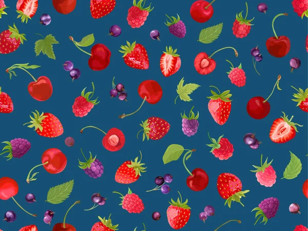 워터 컬러 체리, 딸기, 라즈베리, 검정 곱슬곱슬 한 솔기 패턴. 여름 열매, 과일, 나뭇잎 — 스톡 벡터