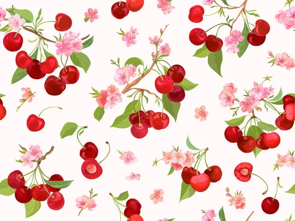 Patrón sin costuras de cereza acuarela. Bayas de verano, frutas, hojas, flores de fondo — Archivo Imágenes Vectoriales