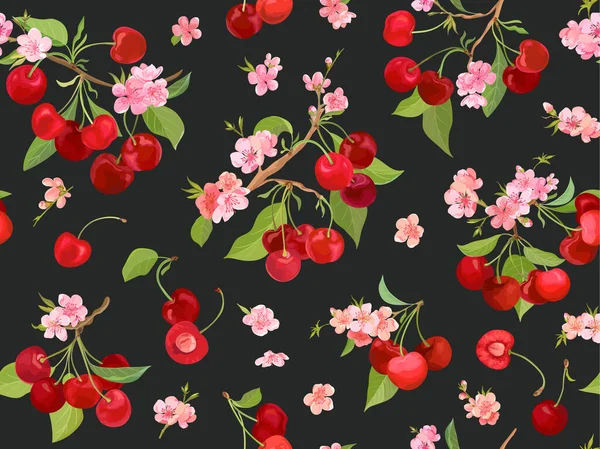 Acquerello ciliegia modello senza cuciture. Bacche estive, frutti, foglie, fiori sfondo — Vettoriale Stock