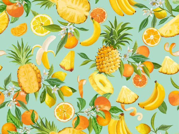 Bezešvé ananas, banán, citron, mandarinka, oranžový vzor s letním ovocem, listy, květiny pozadí — Stockový vektor