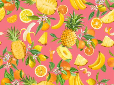Tropik suluboya ananas, muz, limon, mandalina, portakalsız arka plan. Yaz egzotik meyveleri