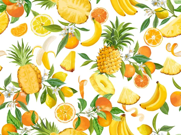 Acuarela piña, plátano, limón, mandarina, naranja patrón sin costuras. Frutas tropicales de verano, hojas — Vector de stock