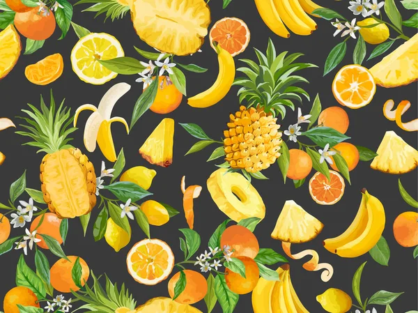 Ananas akvarel, banán, citron, mandarinka, oranžový bezešvý vzor. Letní tropické ovoce, listy — Stockový vektor